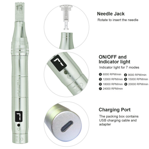 Microneedling Pen M1 Professional TBPHP Wireless Dermapen,7 Speed Levels 0.25-2.5mm Adjustable (Silvery)